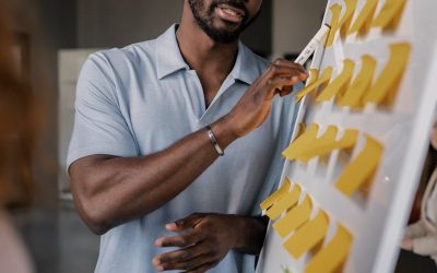 Confident African American man presenting business strategy using sticky notes on whiteboard.